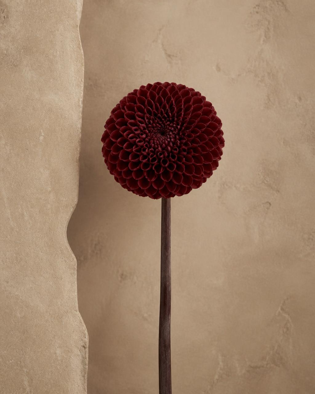 A single oxblood dahlia against a warm limestone wall